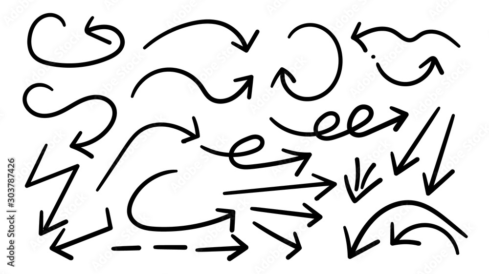 Aufkleber arrows hand drawn doodle vector set. sketch arrow design for application, banner, print screen, pen 