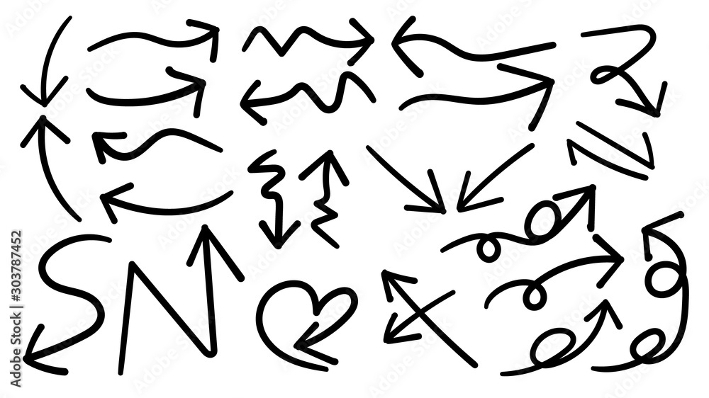 Aufkleber arrows hand drawn doodle vector set. sketch arrow design for application, banner, print screen, pen 