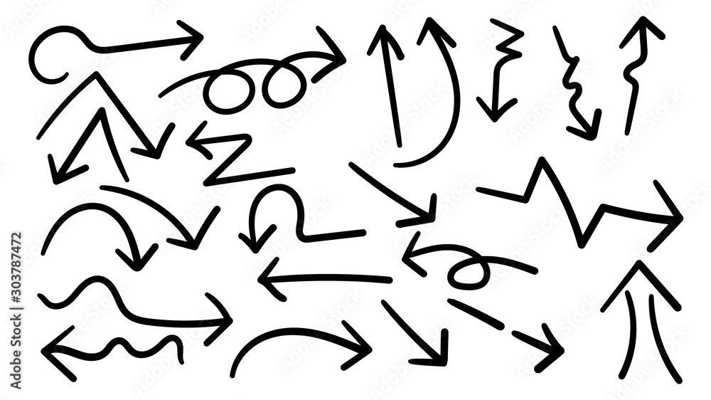 Aufkleber arrows hand drawn doodle vector set. sketch arrow design for application, banner, print screen, pen 