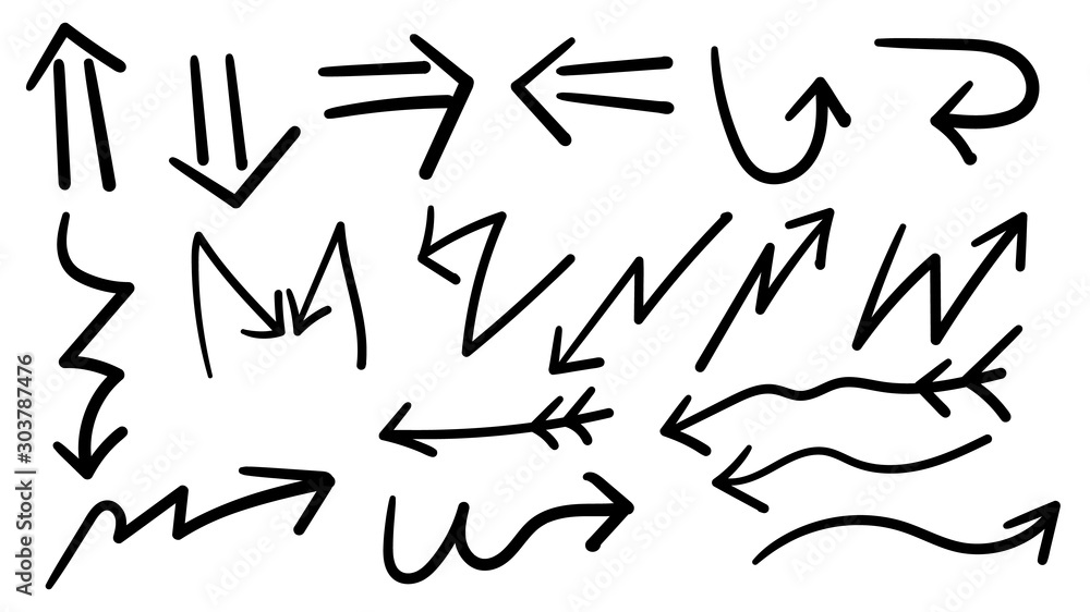 Aufkleber arrows hand drawn doodle vector set. sketch arrow design for application, banner, print screen, pen 
