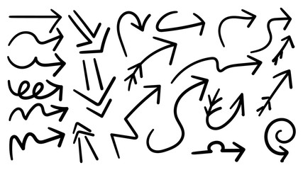Arrows hand drawn doodle vector set. Sketch arrow design for application, banner, print screen, pen marks, map and typography design guide line.