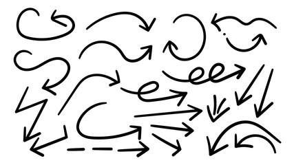 Arrows hand drawn doodle vector set. Sketch arrow design for application, banner, print screen, pen marks, map and typography design guide line.
