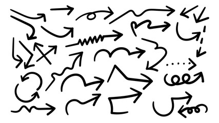 Arrows hand drawn doodle vector set. Sketch arrow design for application, banner, print screen, pen marks, map and typography design guide line.
