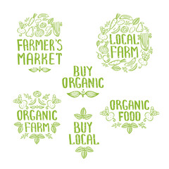 Farmer's market, Local farm, buy organic, organic farm, buy local, organic food-handdrawn lettering isolated elements. Unique design for banners, signboards, packaging and invitations and web designs.