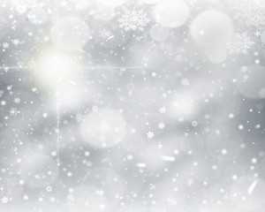 White gray background. white snowflakes, stars shiny and abstract bokeh blurred. Happy New Year and Merry Christmas winter holiday. use card wallpaper backdrop product.