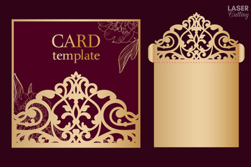 Laser and die cut pocket envelope template with lace pattern. Wedding invitation or greeting card with abstract ornament. Suitable for greeting cards, invitations, menus.