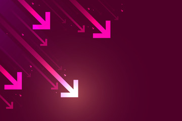 Light down arrow on dark red background, economic crisis concept, copy space composition.