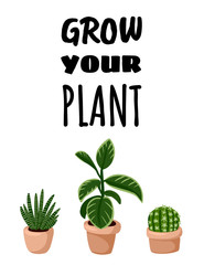 Grow your plant postcard. Potted succulent plants flyer. Cozy lagom scandinavian style poster