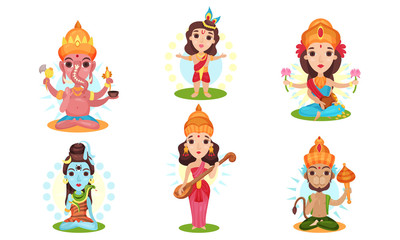 Set of images of indian gods. Vector illustration on a white background.