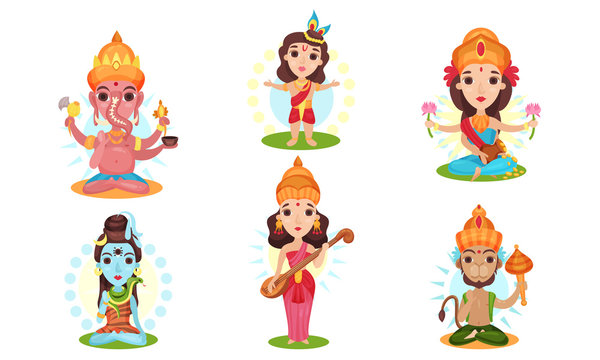 Set of images of indian gods. Vector illustration on a white background.