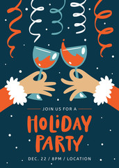Christmas Invitation. Holiday Party Template. People clinking glasses of red wine in hands. Trendy vintage style. - 303790814