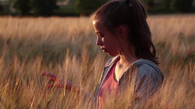 Gluten free girl in barley field shredding barley head and throwing it away.