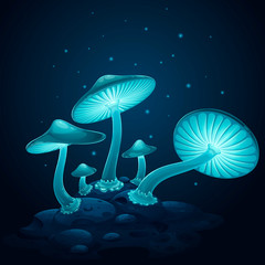 Blue luminous mushrooms on a hummock, in the dark, blue lights fly around. Vector illustration