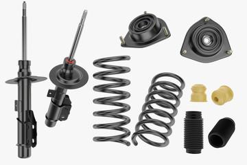 3D rendering. Passenger car Shock Absorber with dust cap, buffer mounting and strut mounting - new auto parts, spare parts. Spare parts for shop, aftermarket OEM