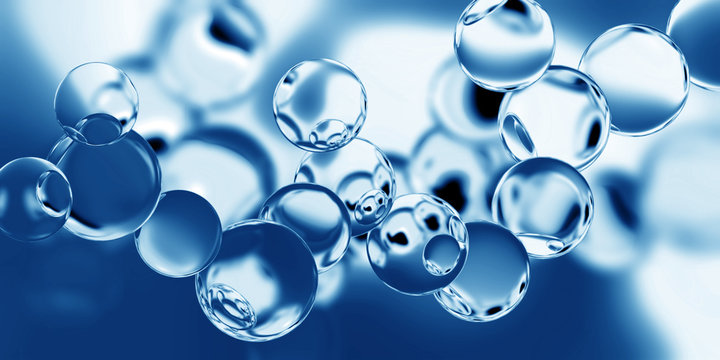Model of the molecule on a blue background. Abstract 3d illustration relevant to scientific, chemical, and physical subjects.