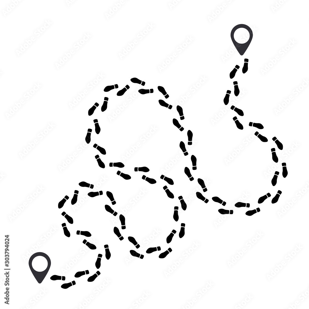 Poster human foot prints path with tag points. traveler man boot steps tracking on route isolated on white 