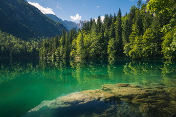 Spring landscape at Lake Fusine on the slopes of the Julian Alps, Tarvisio, Italy