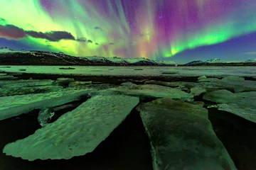 Aluminium Prints Northern Lights Aurora Borealis above Jokulsarlon Glacier Lagoon, Iceland