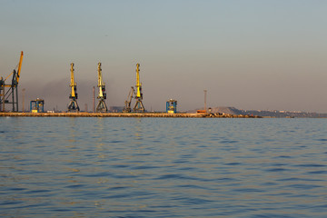 Obraz premium Many big cranes silhouette in the sea port of Azov at golden light of sunset. Mariupol