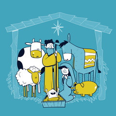 Holy family manger scene with animals. card of merry christmas. Pesebre. vector illustration