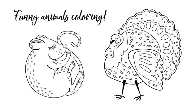 Coloring page outline of cartoon cute animals mouse, rat and turkey. Coloring book for kids. Vector drawing.