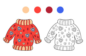 Coloring page outline of cartoon cute sweater. Monochrome and colored versions. Coloring book for kids. Vector drawing.