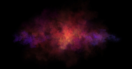 Abstract nebula clouds of color smoke on black texture universe background. Colored fluid powder explosion, dust, galaxy, vape smoke liquid abstract clouds design for banner, web, landing page, cover