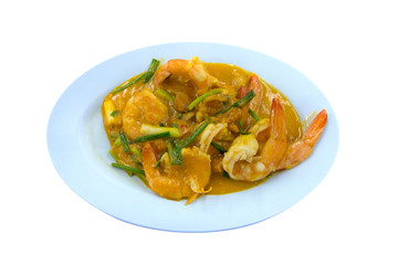 Stir Fried Shrimp with Salted Eggs, focus selective