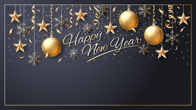 Happy New Year. Vector. Christmas star. Greeting Card. Golden  inscription on a black background. Confetti, golden balls and ribbons.  Template for the design of greetings, invitations, calendars.