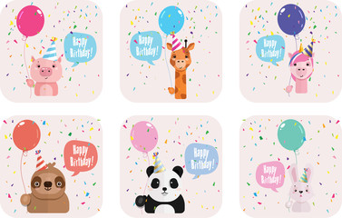 Set of birthday greeting with cute cartoon animals