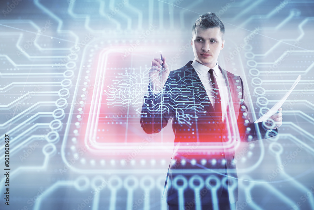 Poster man and brain icon hologram. double exposure. concept of data development