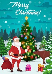 Fototapeta na wymiar Christmas tree with Santa, Xmas gifts and reindeer
