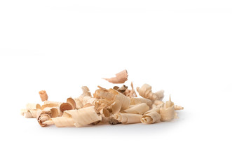 Wood shavings, beautifully curled in to a spiral isolated on white