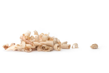 Wood shavings, beautifully curled in to a spiral isolated on white