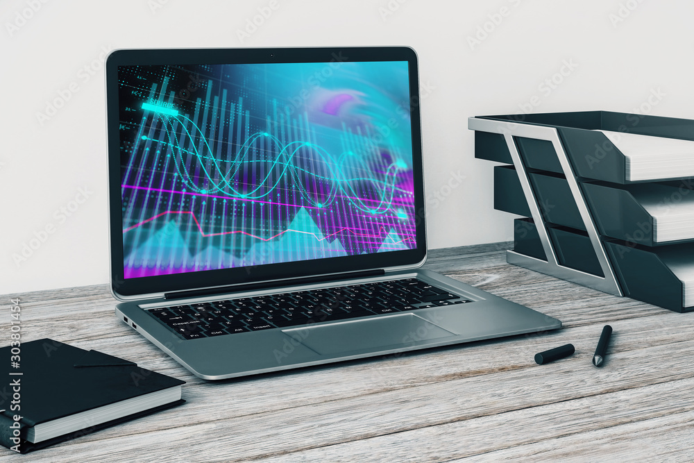 Aufkleber laptop closeup with forex graph on computer screen. financial trading and education concept. 3d rend