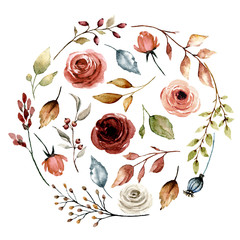 Naklejki  Floral circle, watercolor flowers roses, Illustration hand drawing. Isolated on white background. Perfectly for greeting card design.