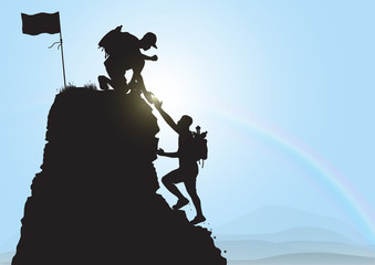 Silhouette of two people climbing mountain helping each other on blue sky background, helping hand and assistance concept vector illustration