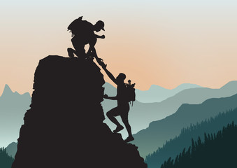 Silhouette of two people climbing mountain helping each other on rocky mountains background, helping hand and assistance concept vector illustration