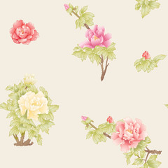Peony tree branch with flowers in the style of Chinese painting on silk Seamless pattern, background. Colored vector illustration. On soft yellow background..