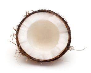 Coconut fruit half isolated on white background with clipping path. Tropical, palm. Flat lay, top view