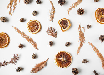 Flat lay creative natural background of winter dry forest plants parts and dry orange slices on white background. top view