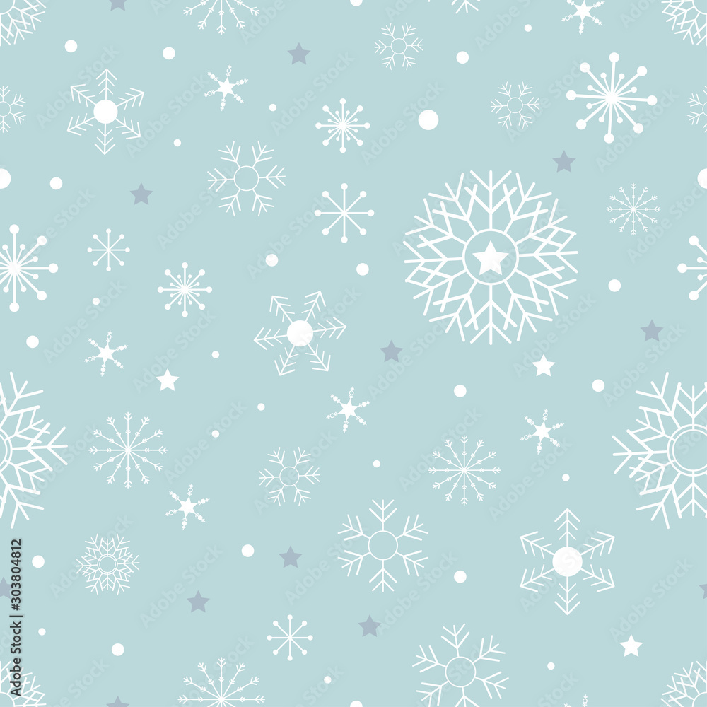 Poster seamless pattern with cute snowflakes in different size with dot and stars on blue background,vector
