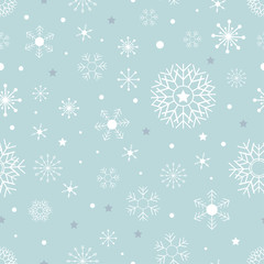 Seamless pattern with Cute snowflakes in different size with dot and stars on blue background,Vector seamless for holiday wrapping paper,fabric, textile