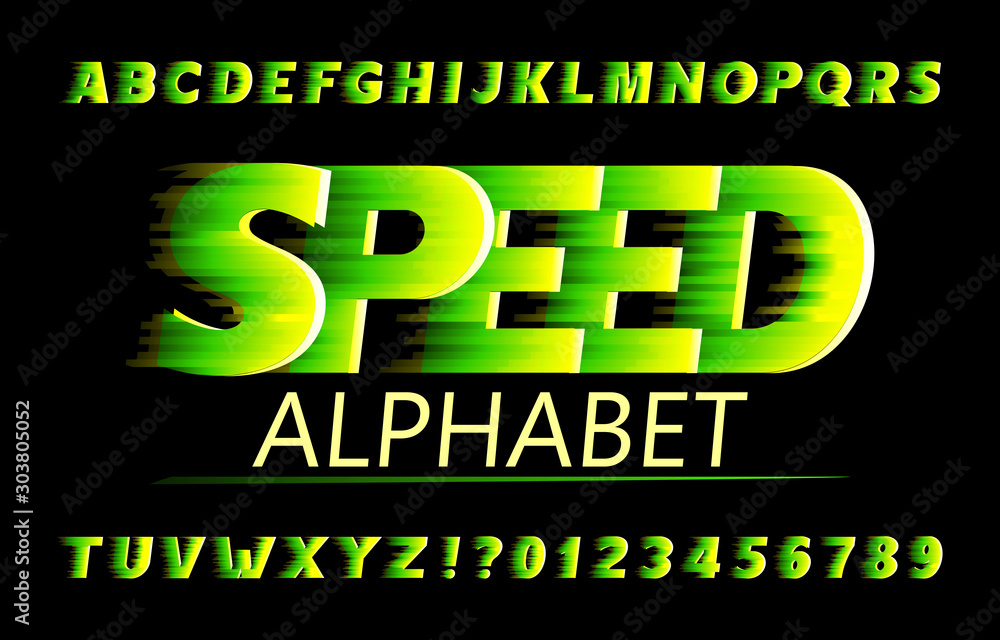 Fototapete speed alphabet font. fast wind effect letters and numbers in vivid colors. stock vector typescript f
