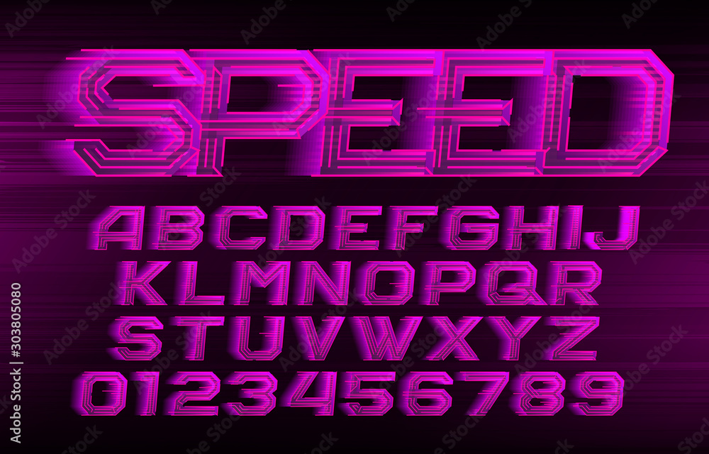 Fototapete speed alphabet font. fast wind effect geometric letters and numbers on stripe background. stock vect