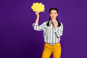 Photo of attractive lady hold paper mind cloud think over creative dialogue answer hand on chin...