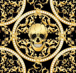 Floral pattern with human skull. Seamless pattern in baroque style. Vector illustration.
