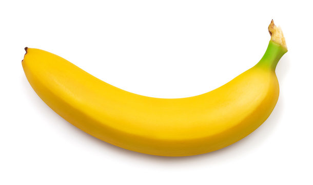 One banana isolated on white background. Top view, flat lay