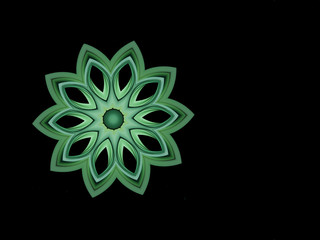 Bright green mandala. Oriental illustration. Simple, minimalistic ornamental shape on black background. Yoga, meditation, tantra banner, card template. Floral radial pattern. Boho style flower