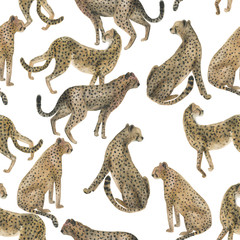 Watercolor painting seamless pattern with cheetah on white background